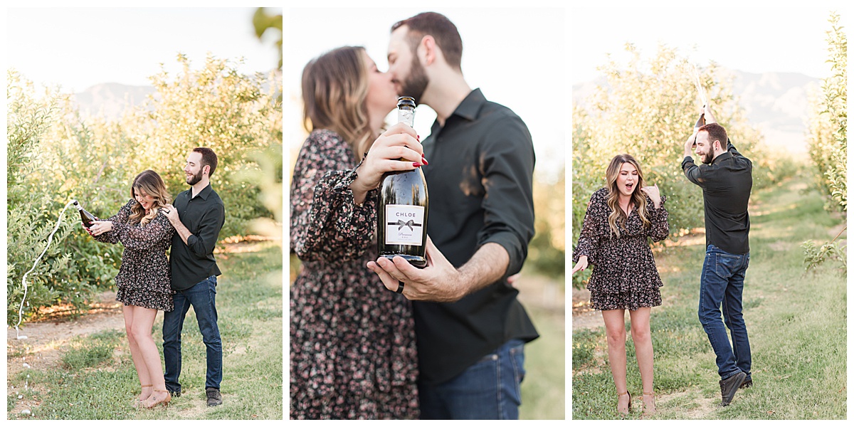 Couple popping champagne Gilcrease Orchard