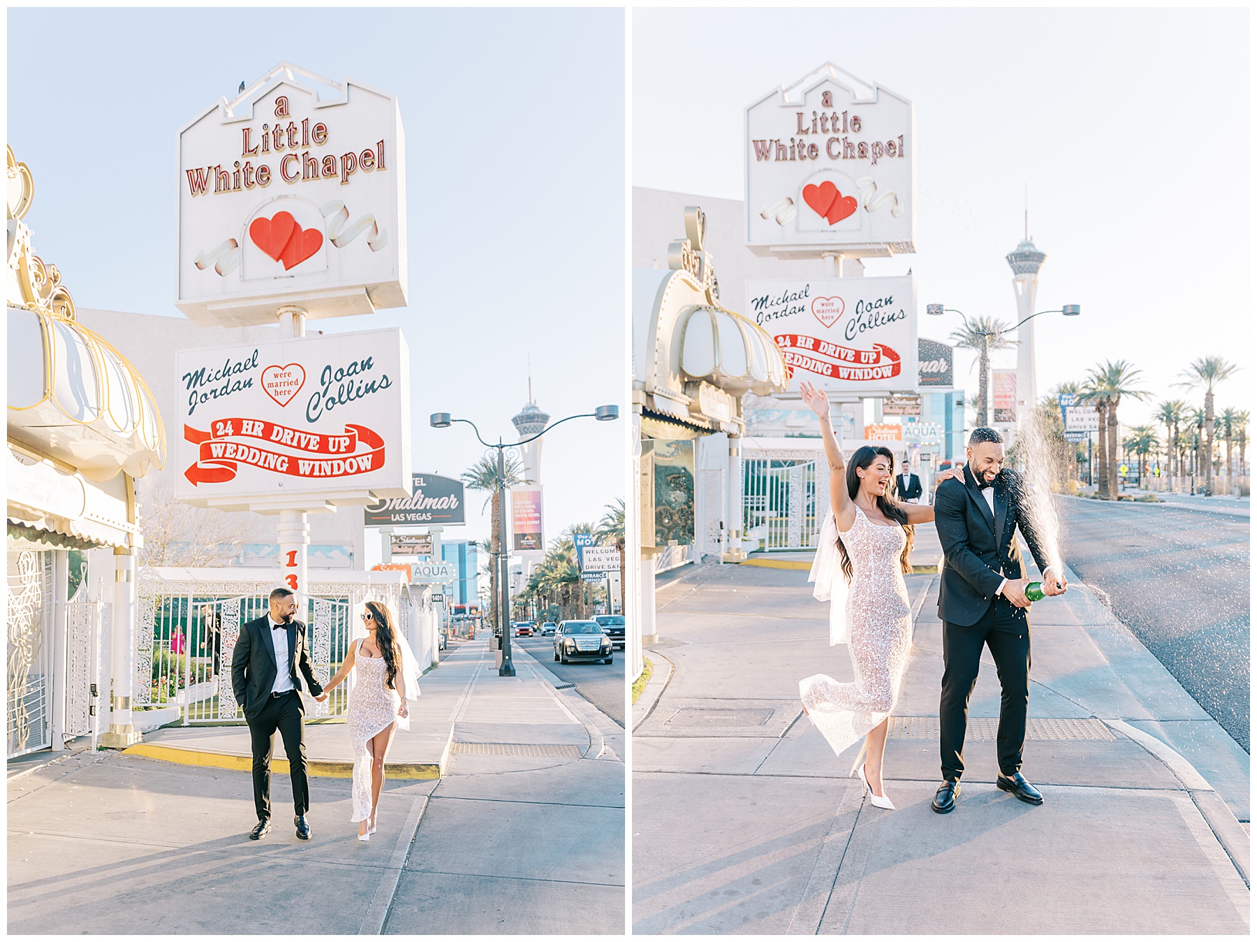 A bride and groom spray champagne in front of the Little White Chapel sign after their Las Vegas elopement.