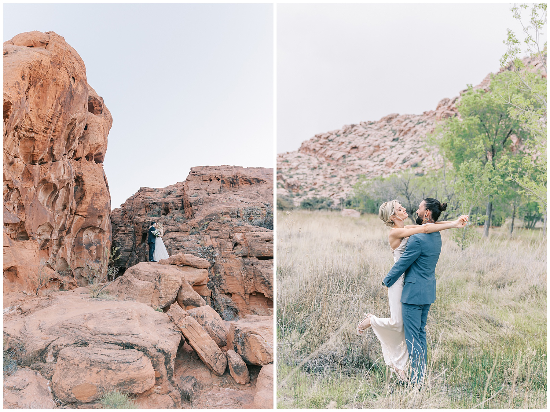 A couple celebrate with a joyful lift and spin in the green desert foothills near Las Vegas.