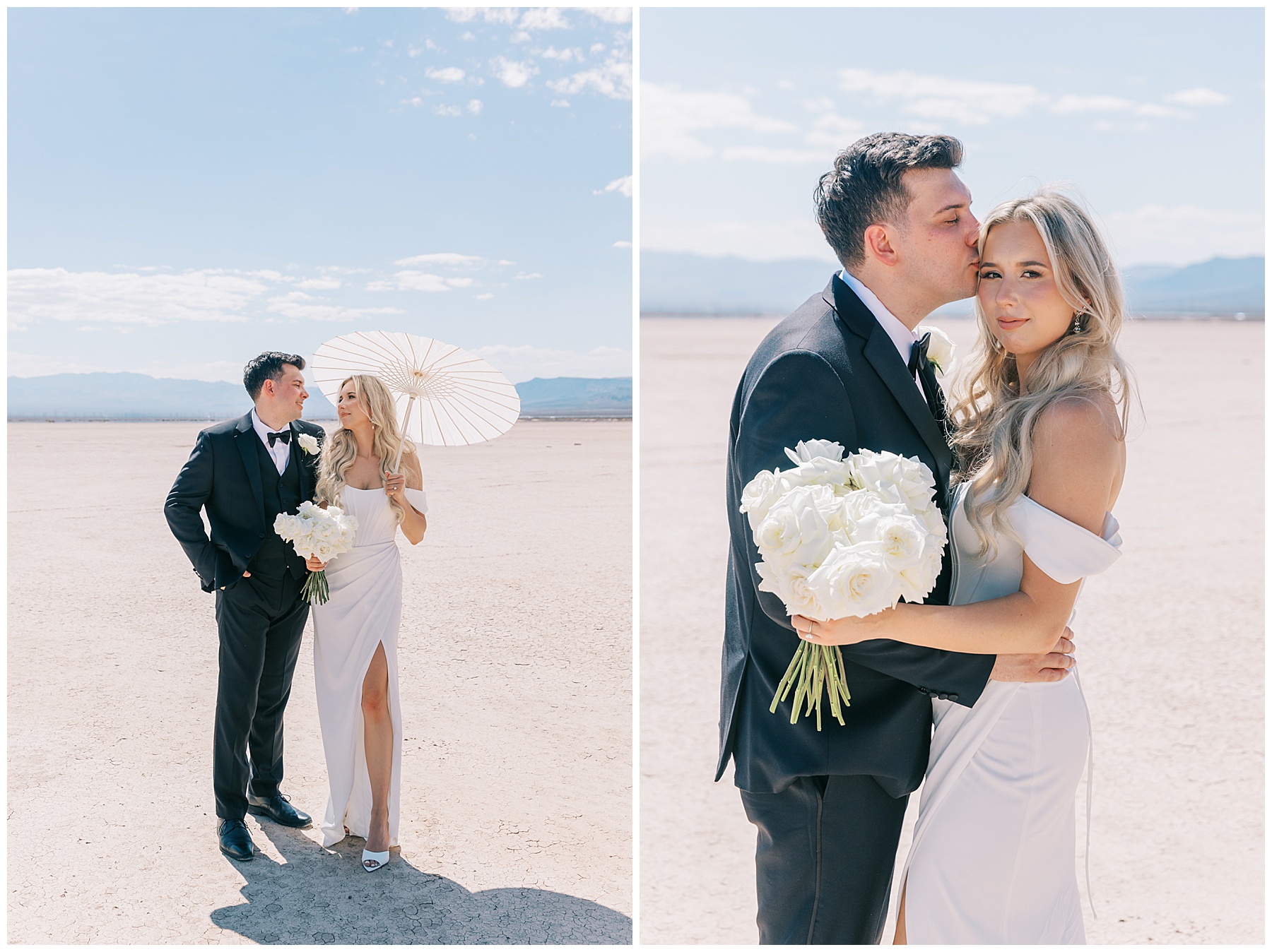 A couple in a black suit and flowing white gown share a kiss during their Las Vegas desert elopement, white bouquet in hand.