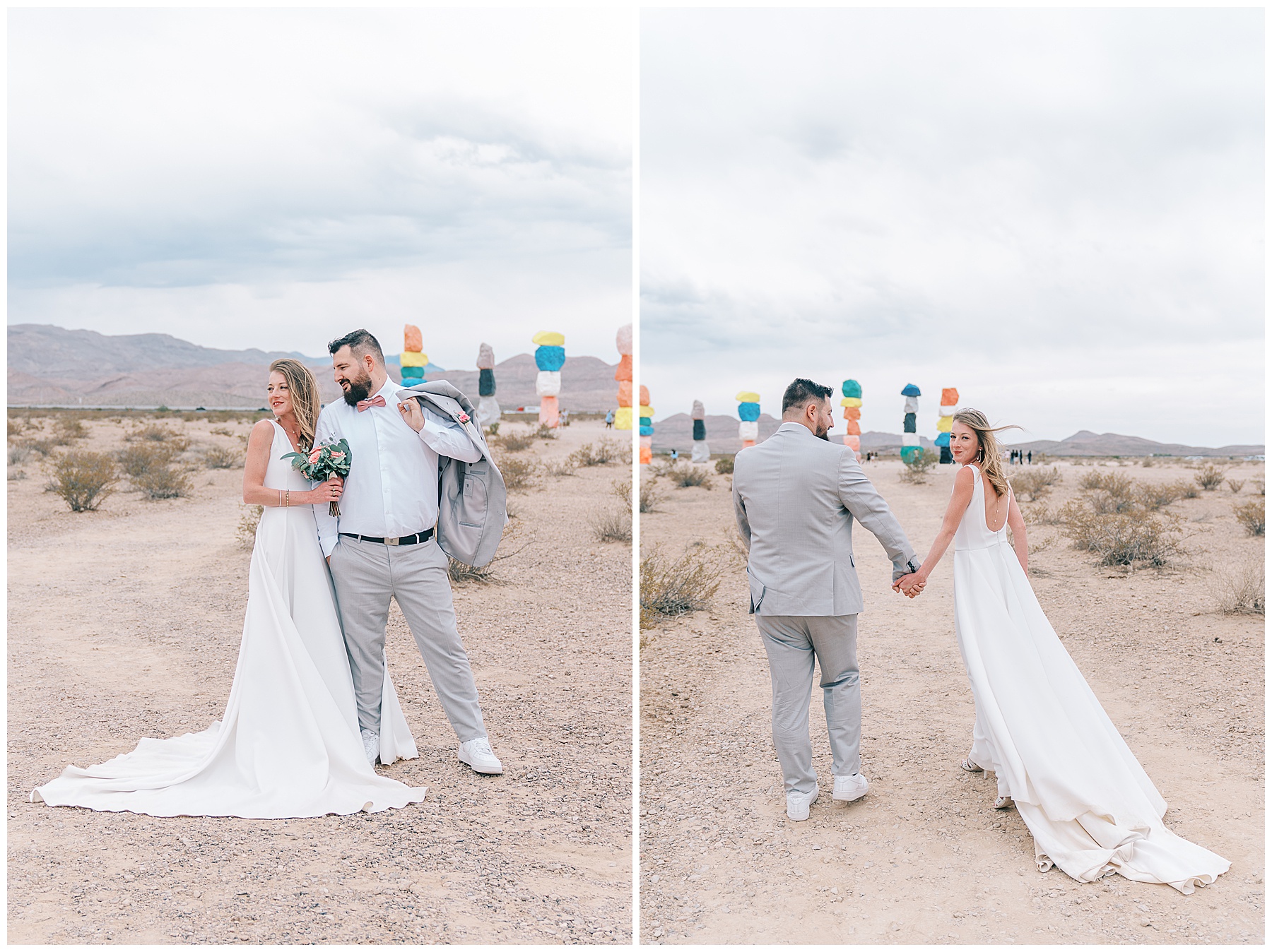 Newlyweds walk hand in hand across the desert at Seven Magic Mountains near Las Vegas, the bride’s train trailing behind.