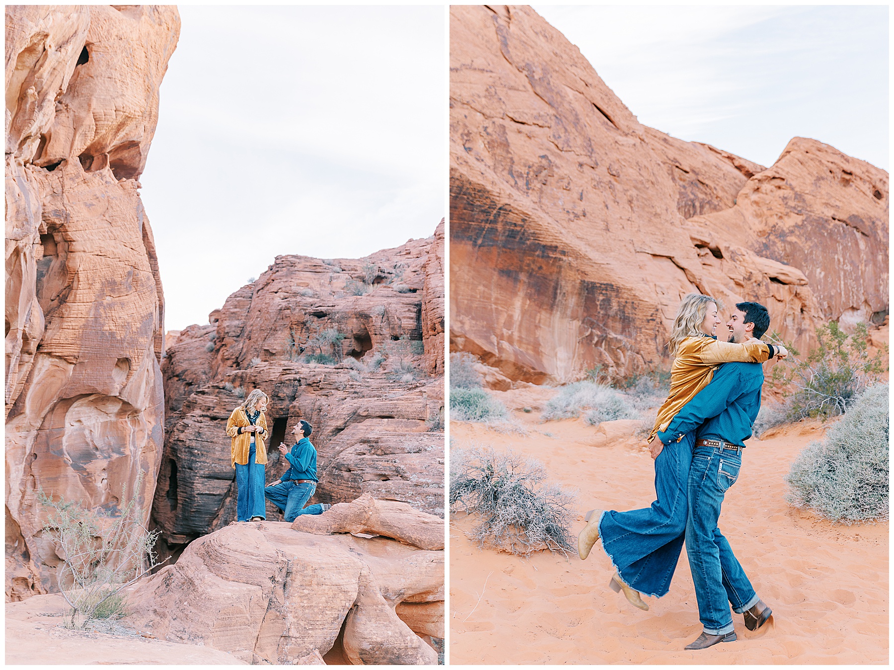 A couple play among the red rock formations of Valley of Fire during their Las Vegas engagement session.